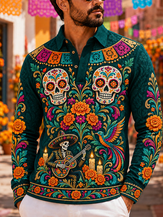 Camisa de manga larga para hombre con diseño del Día de los Muertos de México