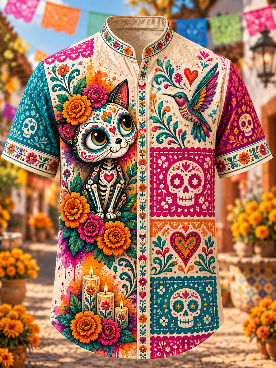 Camisa de manga corta con estampado artístico del Día de los Muertos de México para hombre
