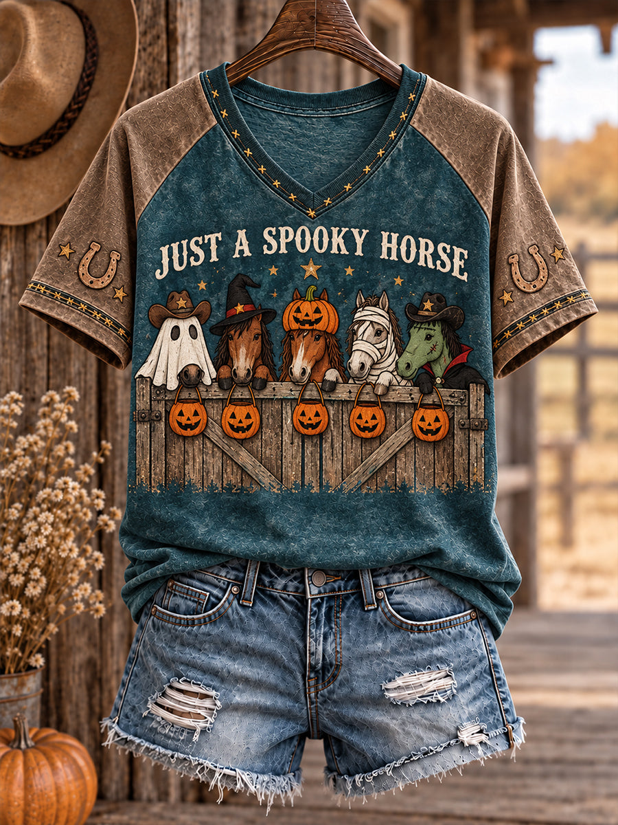 Camiseta estampada para mujer con diseño de caballos y vacas al estilo del Oeste, ideal para Halloween