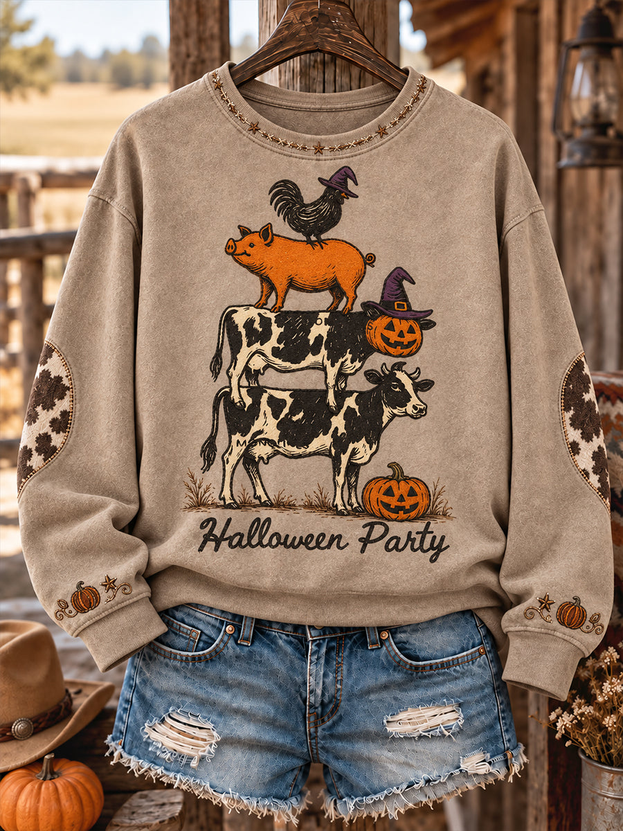 Sudadera estampada para mujer con diseño western de Halloween, caballos y vacas