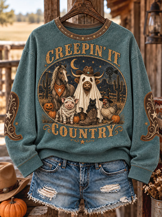 Sudadera estampada para mujer con diseño western de Halloween, caballos y vacas