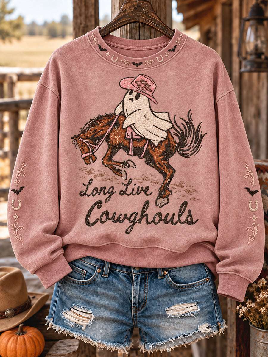 Sudadera estampada para mujer con diseño western de Halloween, caballos y vacas