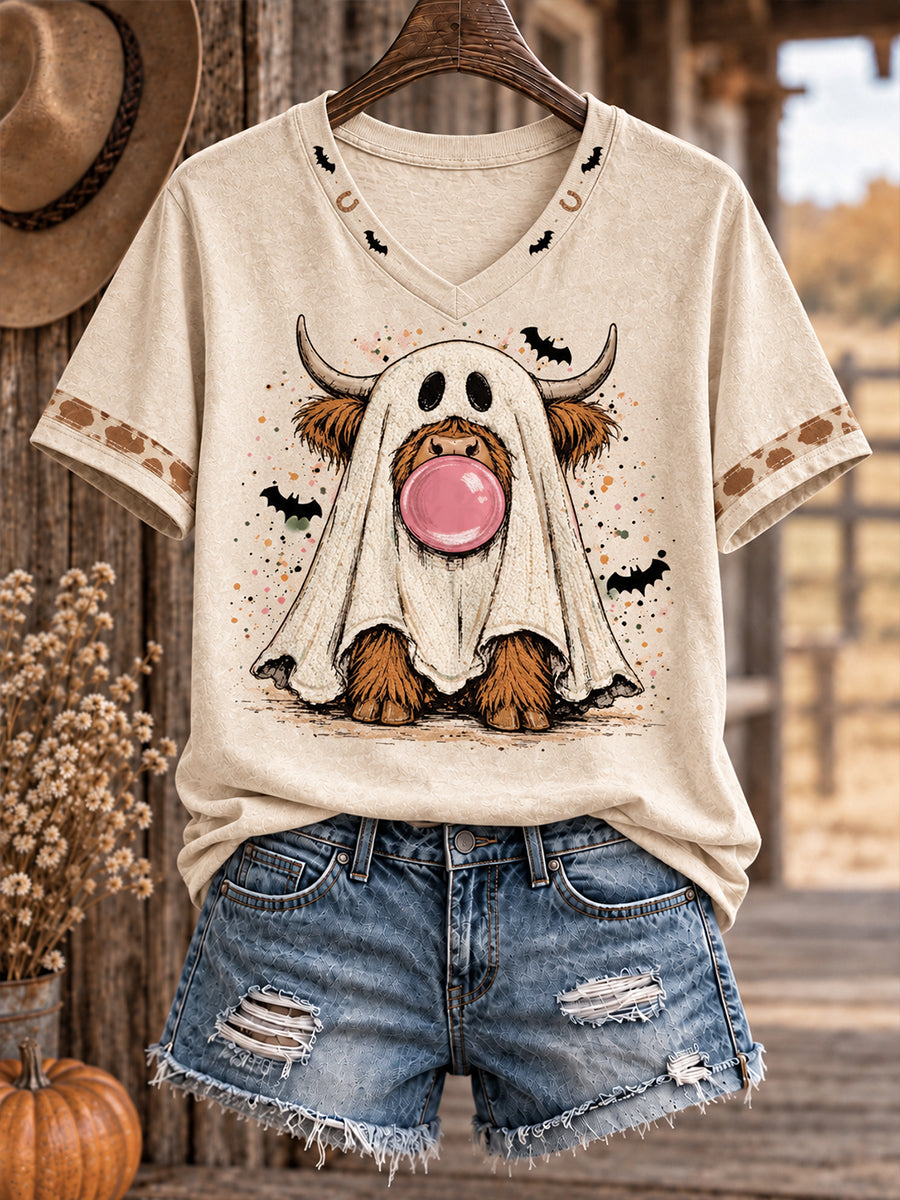 Camiseta estampada para mujer con diseño de caballos y vacas al estilo del Oeste, ideal para Halloween