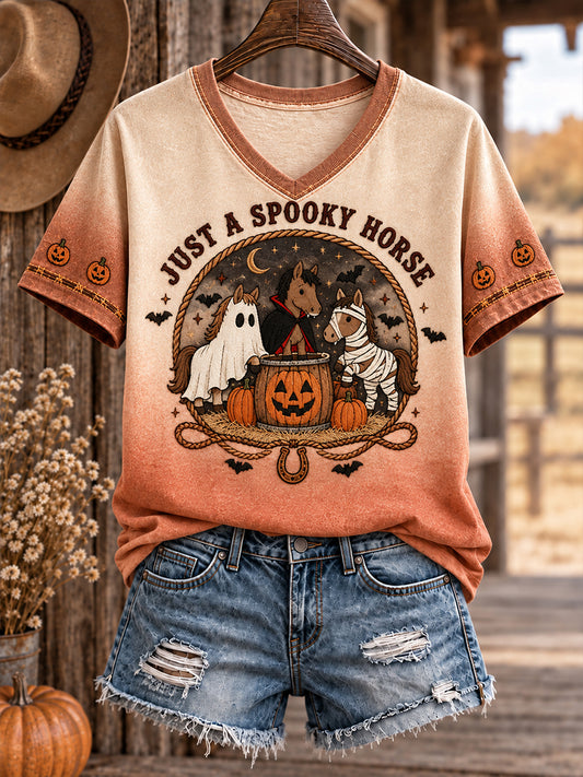 Camiseta estampada de las vacas de los caballos occidentales del arte de Halloween de las mujeres
