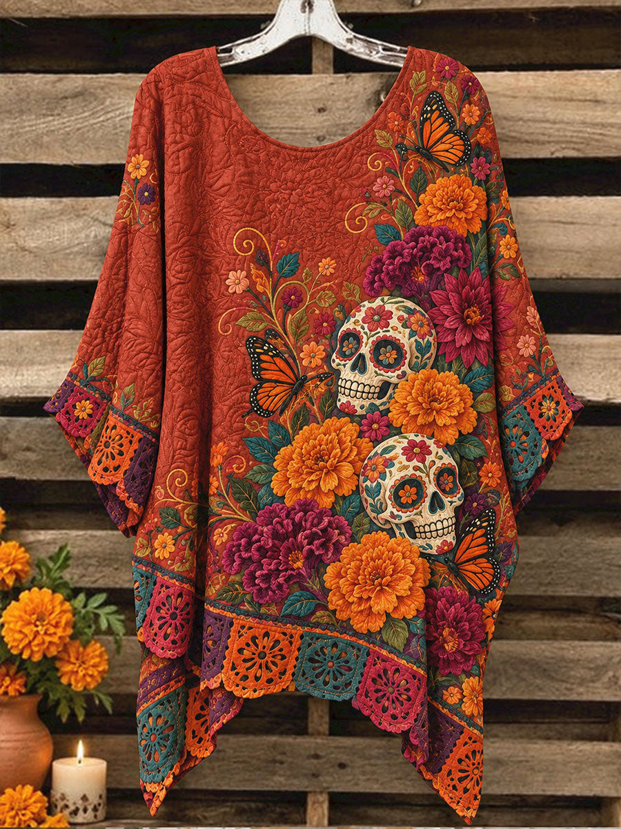 Camisetas estampadas con diseño floral del Día de los Muertos mexicano para mujer