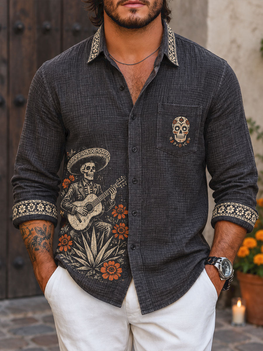 Camisa de waffle estampada con diseño floral del Día de los Muertos mexicano para hombre