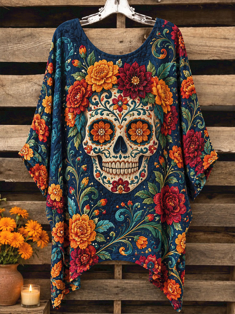 Camisetas estampadas con diseño floral del Día de los Muertos mexicano para mujer