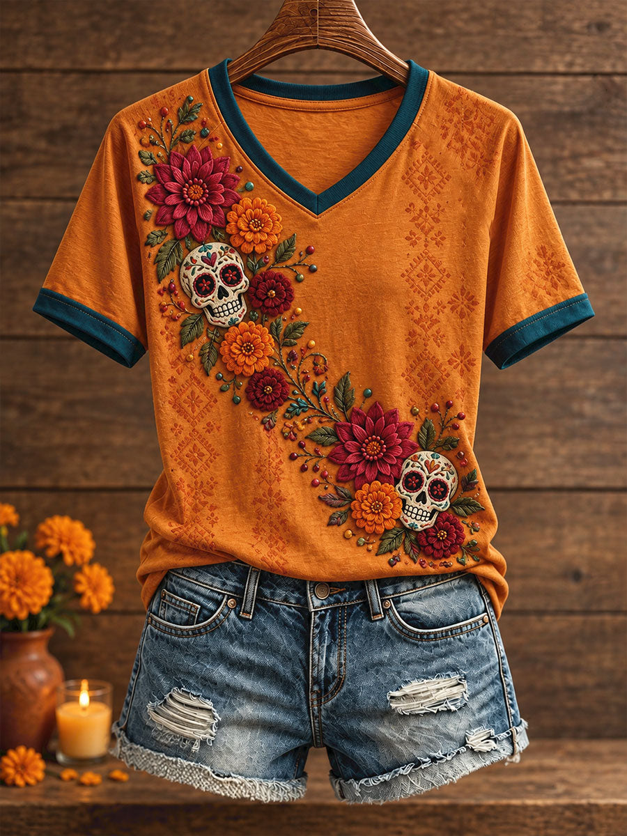 Camiseta estampada con diseño floral del Día de los Muertos mexicano para mujer