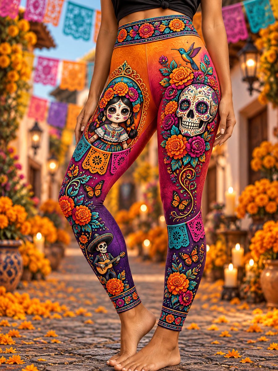 Leggings casuales de cintura alta y corte ajustado con diseño del Día de los Muertos de México para mujer