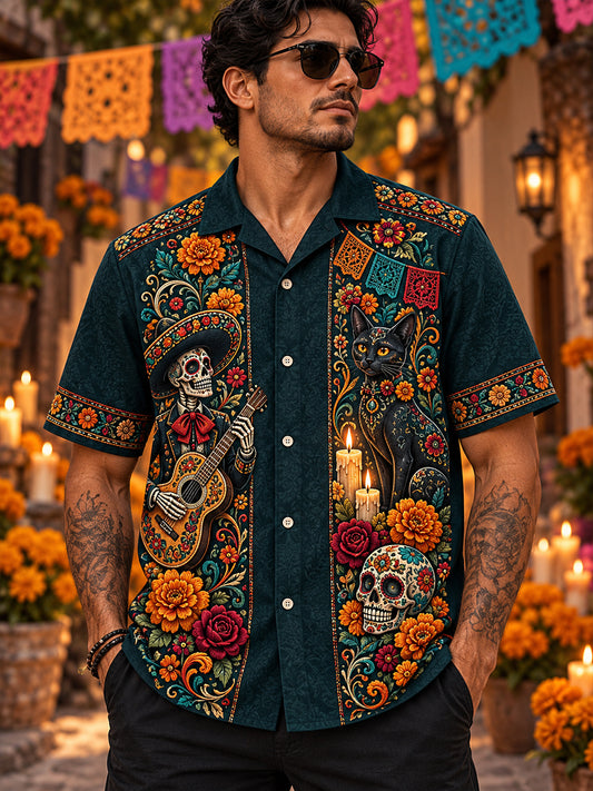 Camisa de manga corta con estampado artístico del Día de los Muertos de México para hombre