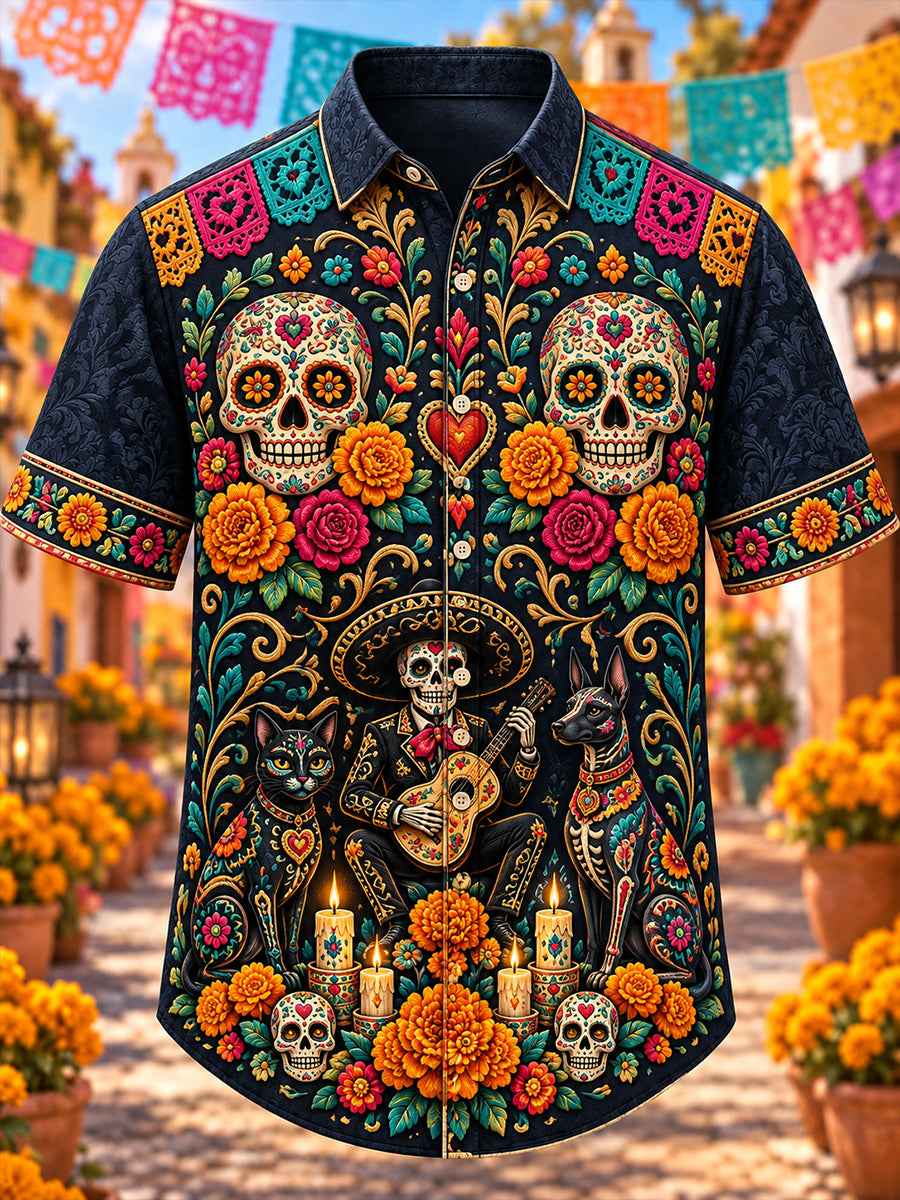 Camisa de manga corta con estampado artístico del Día de los Muertos de México para hombre