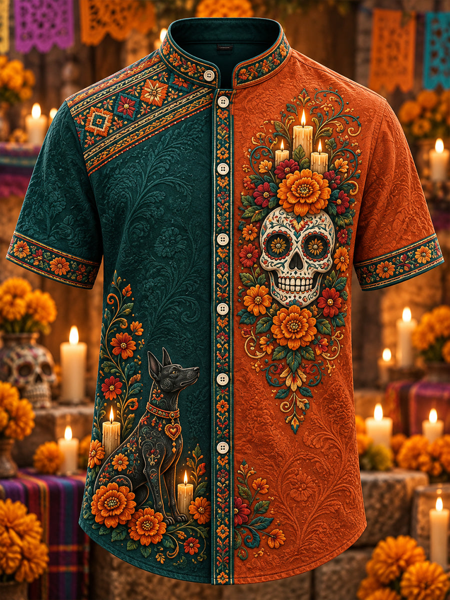 Camisa de manga corta con estampado artístico del Día de los Muertos de México para hombre