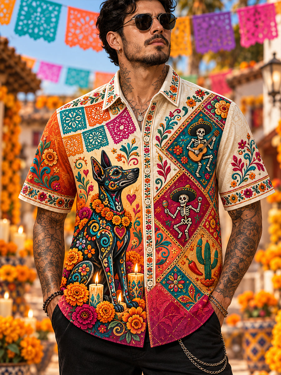 Camisa de manga corta con estampado artístico del Día de los Muertos de México para hombre