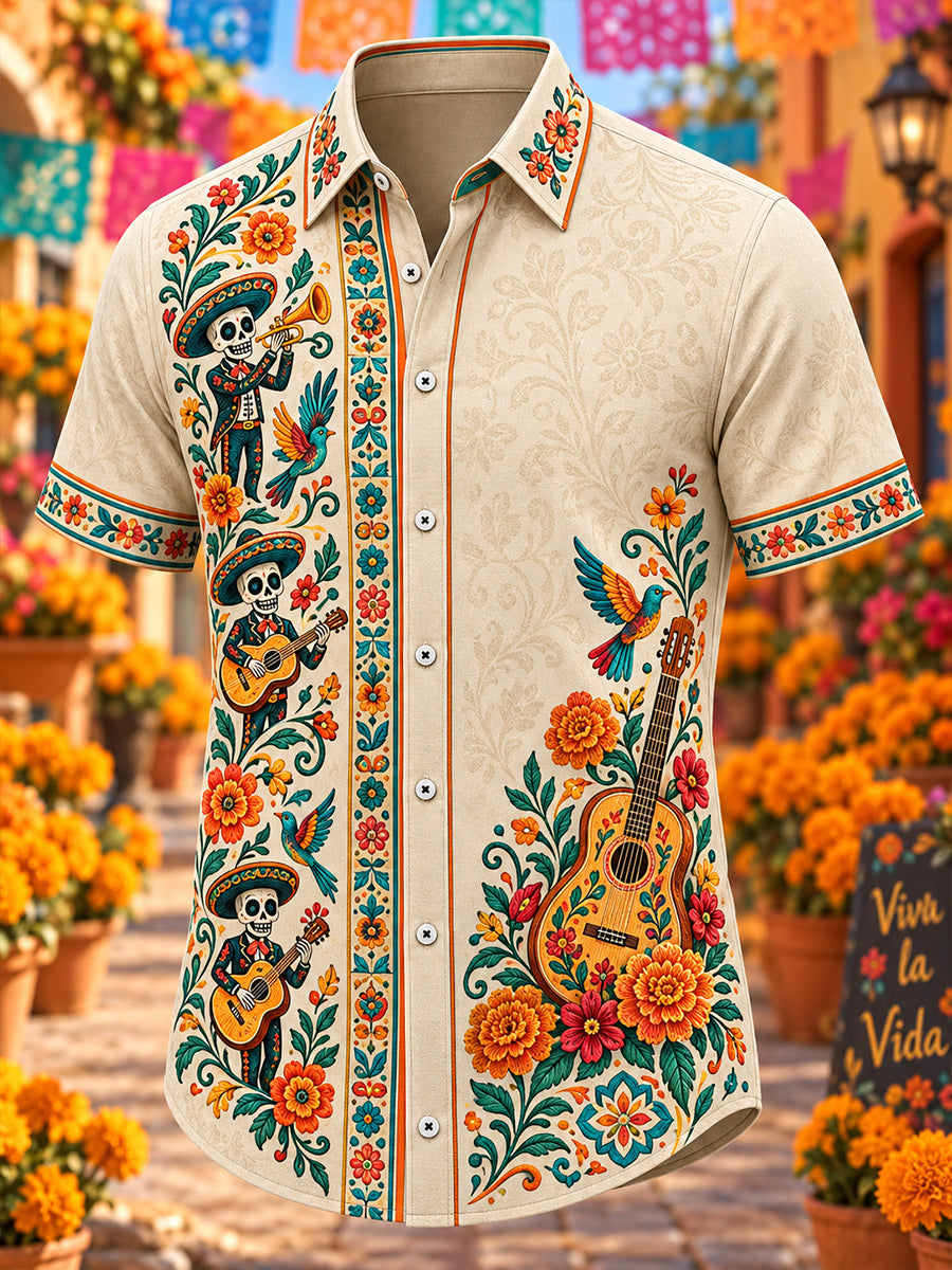 Camisa de manga corta estampada con diseño mexicano del Día de los Muertos para hombre