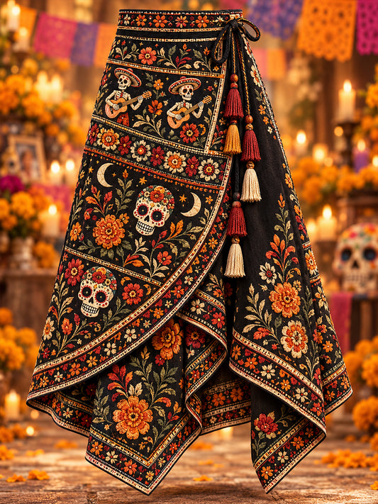 Falda irregular estampada con diseño artístico del Día de los Muertos de México para mujer