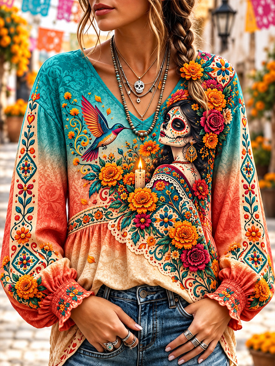 Blusa de cuello en V con diseño del Día de los Muertos de México para mujer