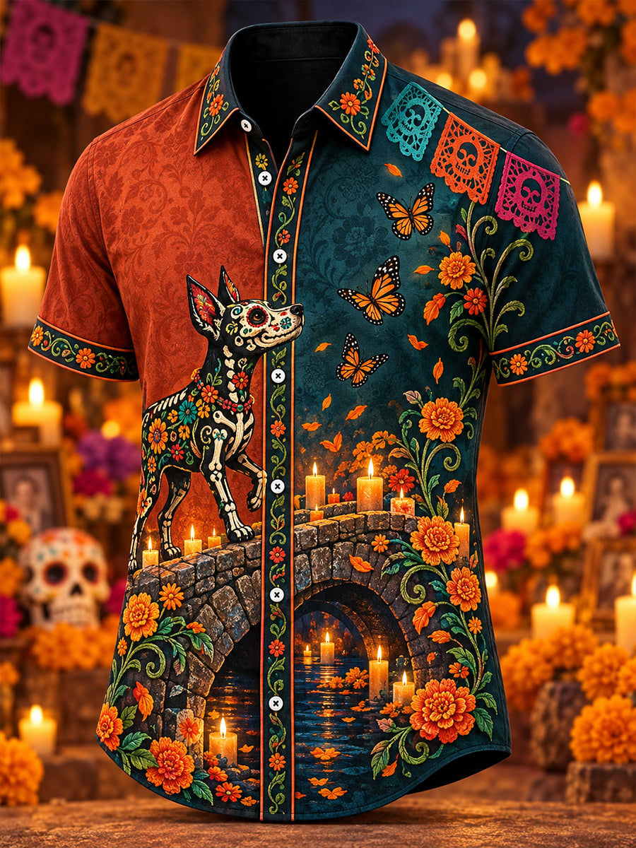 Camisa de manga corta con estampado artístico del Día de los Muertos de México para hombre