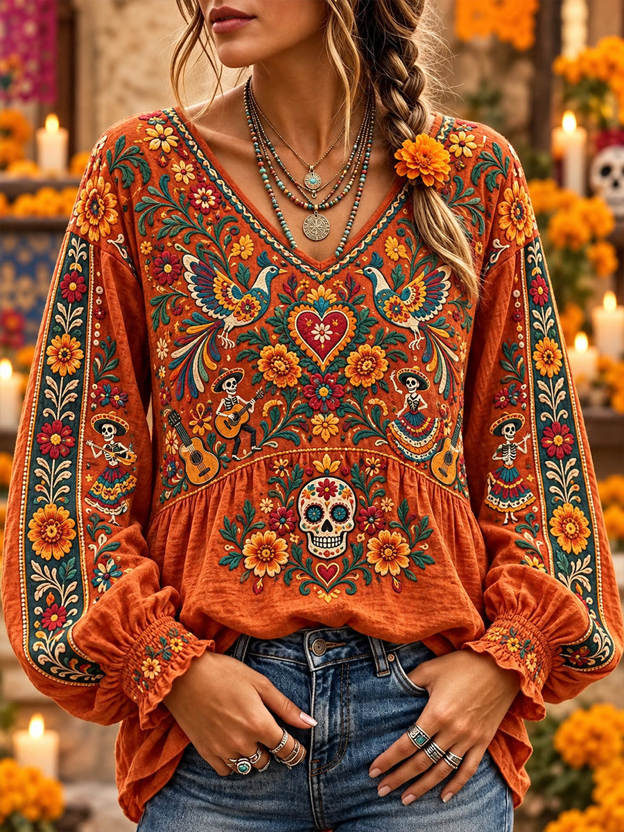 Blusa de cuello en V con diseño del Día de los Muertos de México para mujer