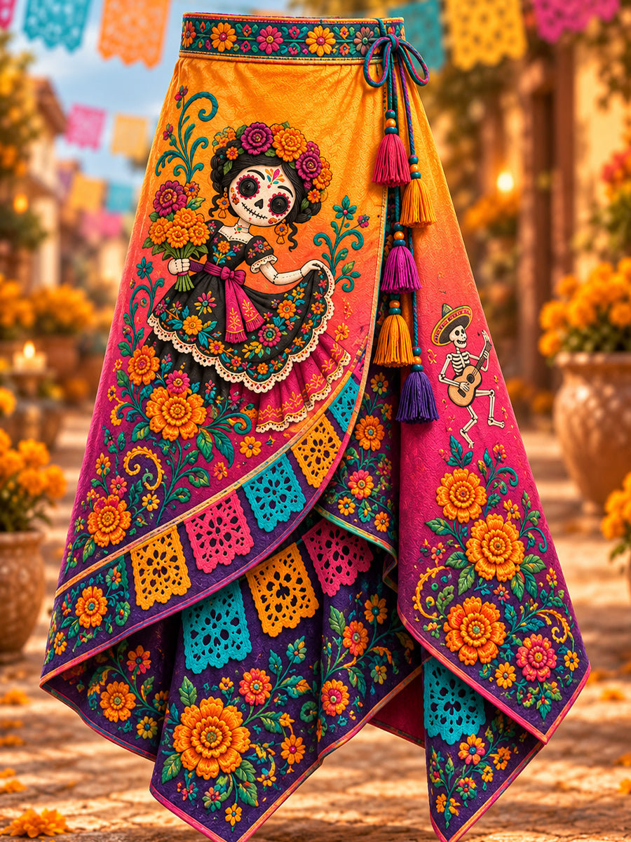 Falda irregular estampada con diseño artístico del Día de los Muertos de México para mujer