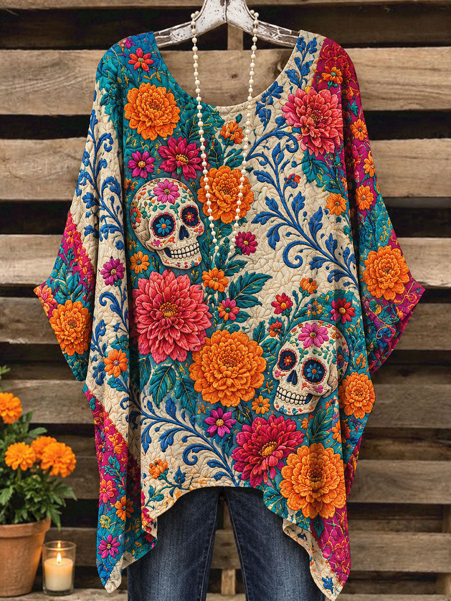 Camisetas estampadas con diseño floral del Día de los Muertos mexicano para mujer