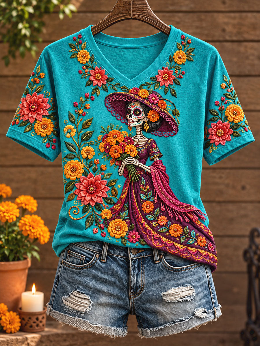 Camiseta estampada con diseño floral del Día de los Muertos mexicano para mujer