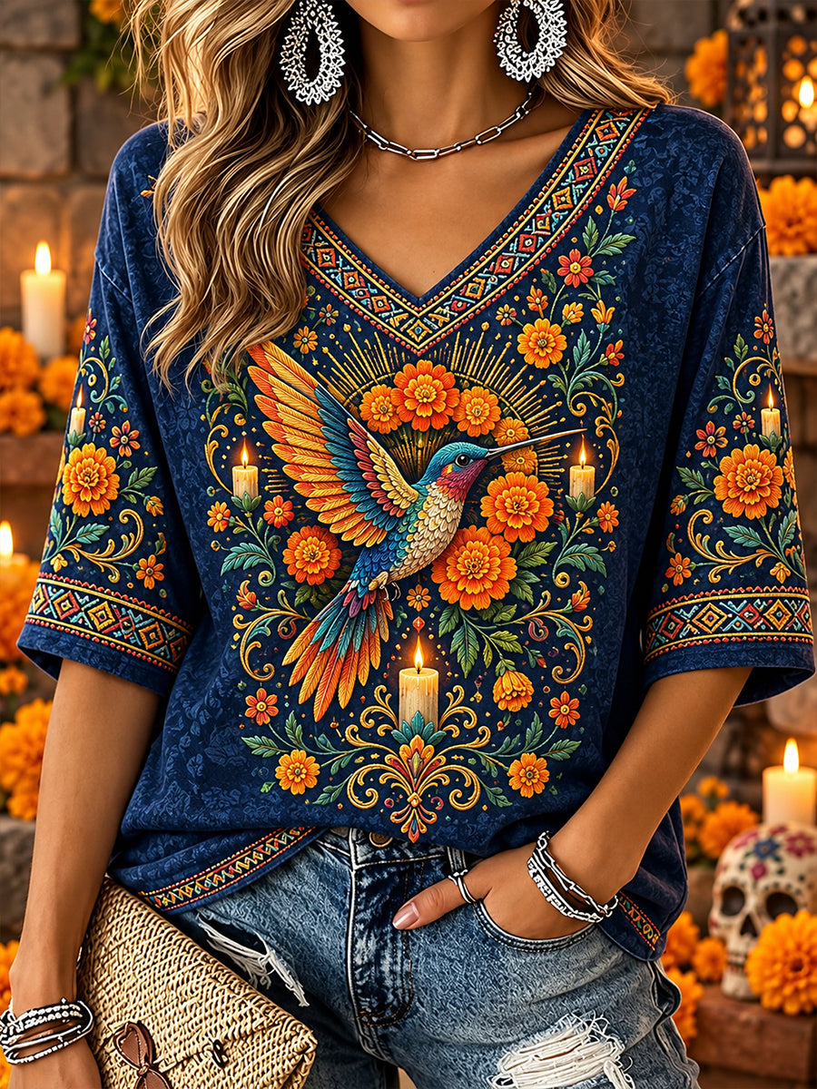 Camisa de lino con cuello en V y estampado mexicano del Día de los Muertos para mujer