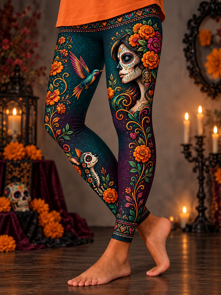 Día de México de los muertos de las mujeres de talle alto Slim Fit Casual Leggings