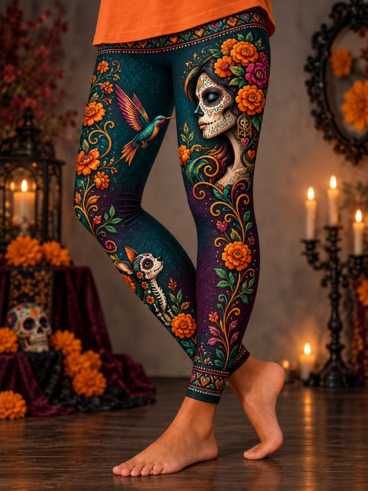 Día de México de los muertos de las mujeres de talle alto Slim Fit Casual Leggings