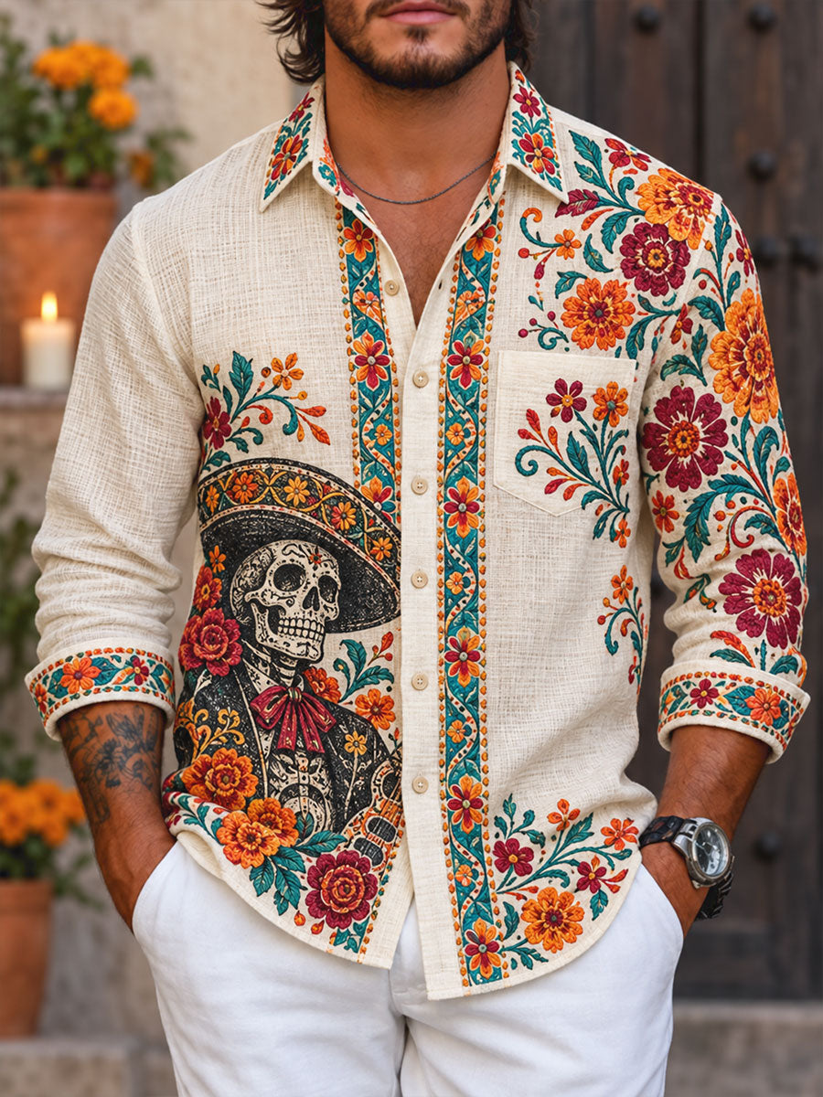 Camisa estampada con diseño floral del Día de los Muertos mexicano para mujer