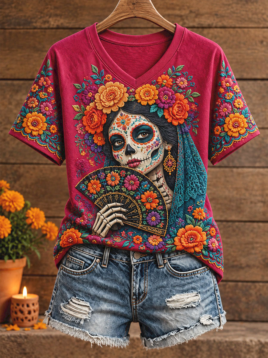 Camiseta estampada con diseño floral del Día de los Muertos mexicano para mujer
