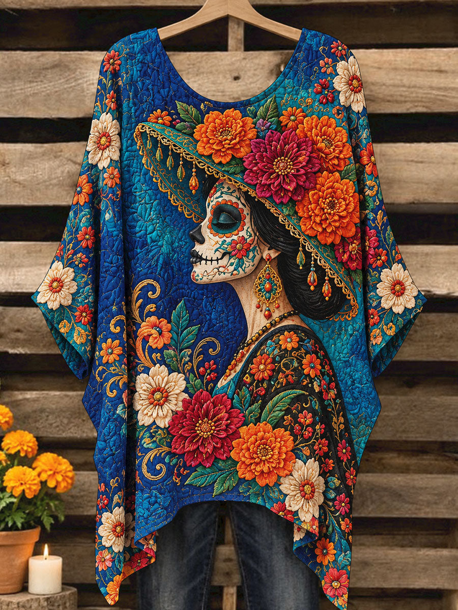 Camisetas estampadas con diseño floral del Día de los Muertos mexicano para mujer