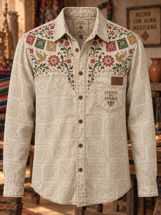 Camisa de manga larga con estampado de arte de corte de papel vintage para hombres