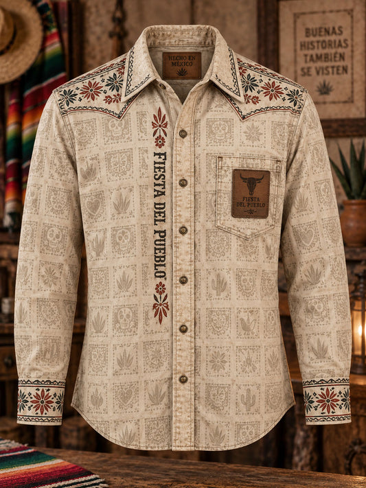 Camisa de manga larga para hombre con estampado artístico vintage tipo corte de papel