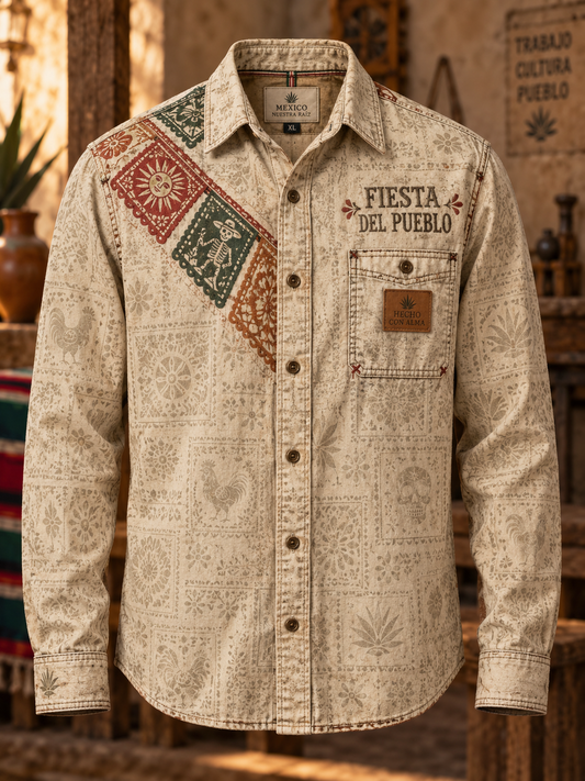 Camisa de manga larga para hombre con estampado artístico vintage tipo corte de papel