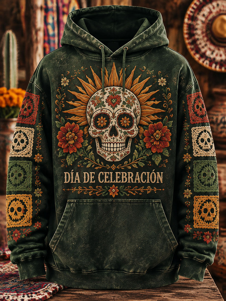 Sudadera con capucha estampada con arte de corte de papel mexicano para hombre