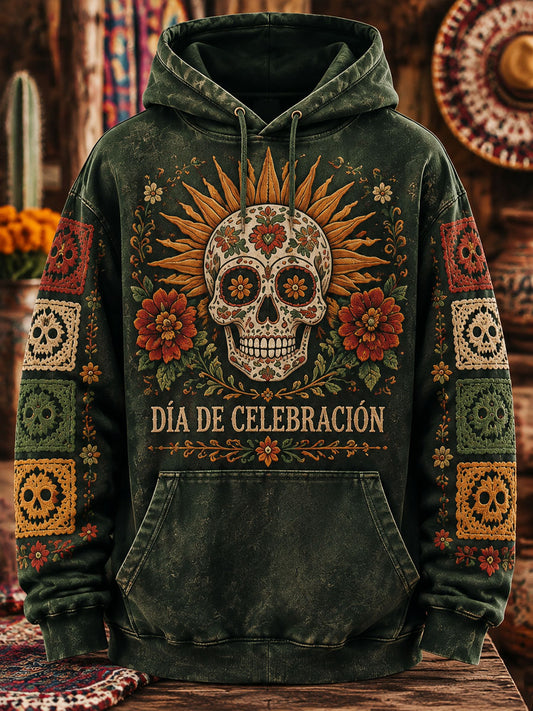 Sudadera con capucha estampada con arte de corte de papel mexicano para hombre