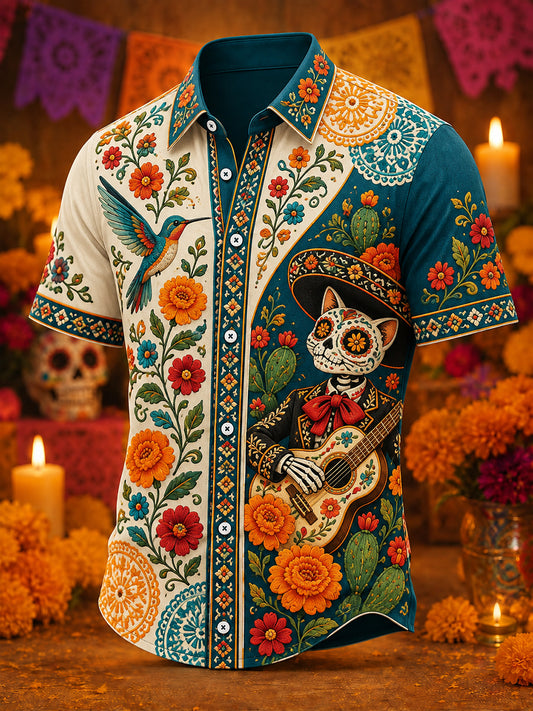 Camisa de manga corta con estampado del Día de los Muertos de México para hombre