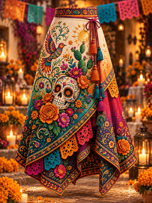 Falda asimétrica estampada con diseño artístico del Día de los Muertos de México para mujer