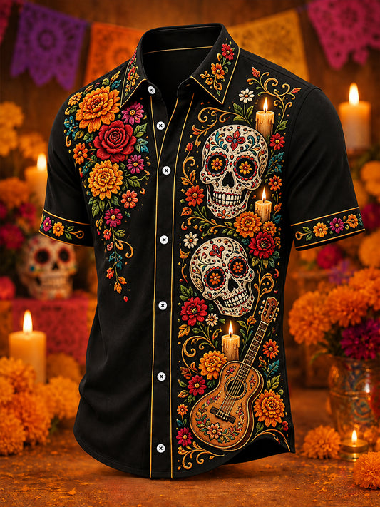Camisa de manga corta con estampado del Día de los Muertos mexicano para hombre