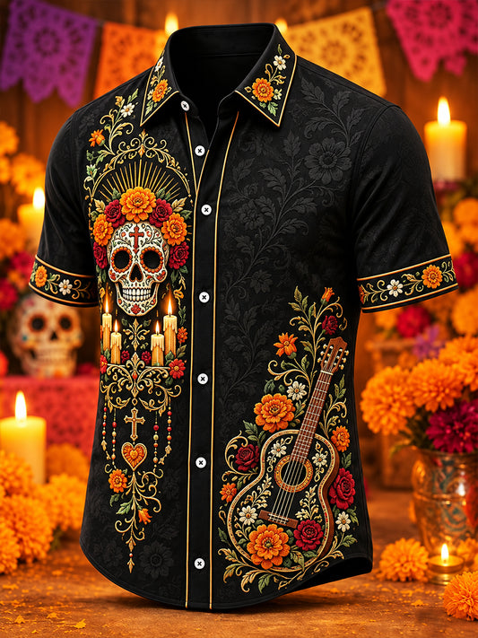 Camisa de manga corta con estampado del Día de los Muertos mexicano para hombre