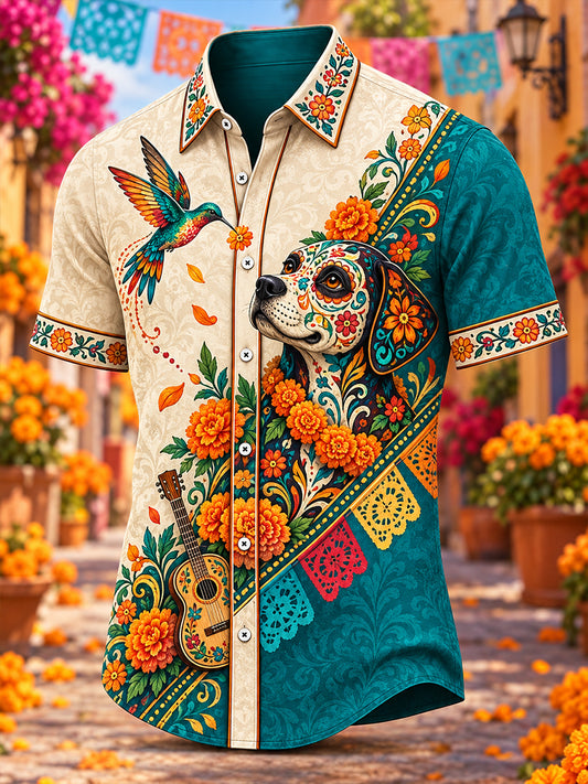 Camisa de manga corta con estampado del Día de los Muertos mexicano para hombre