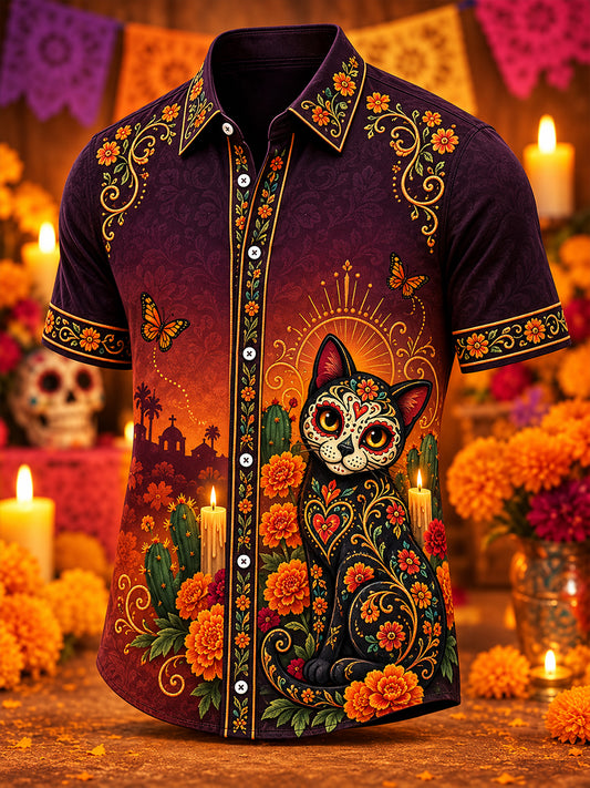 Camisa de manga corta con estampado del Día de los Muertos mexicano para hombre