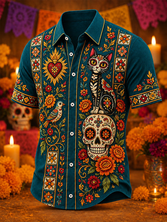 Camisa de manga corta con estampado del Día de los Muertos mexicano para hombre
