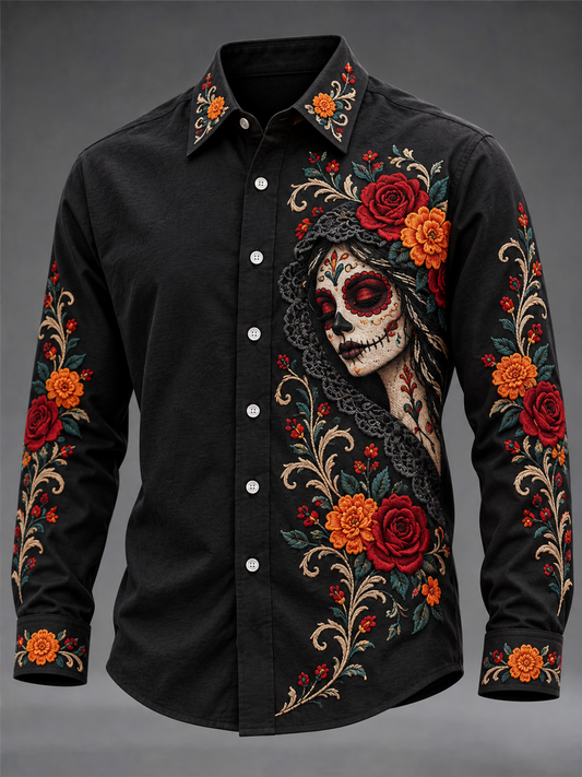 Camisa estampada con diseño floral mexicano del Día de los Muertos para hombre