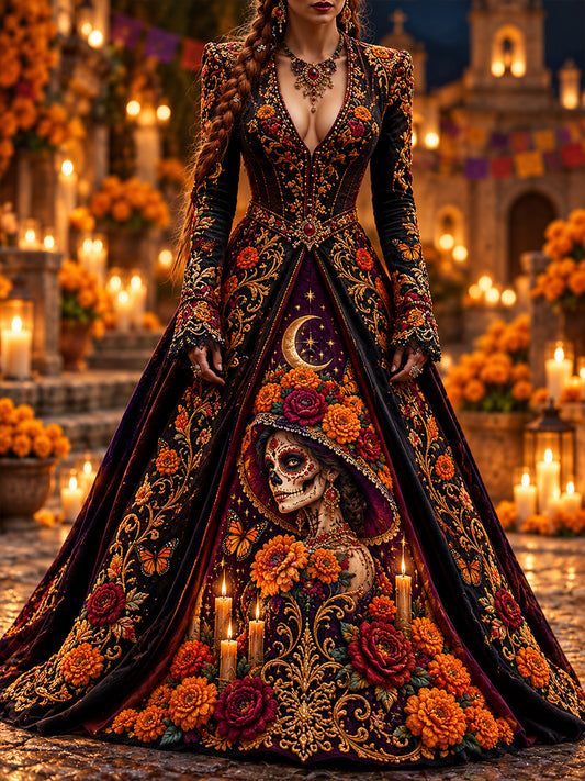 Vestido estampado de Día de Muertos mexicano para mujer