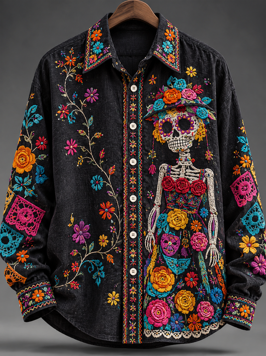 Camisa estampada con diseño floral mexicano del Día de los Muertos para hombre