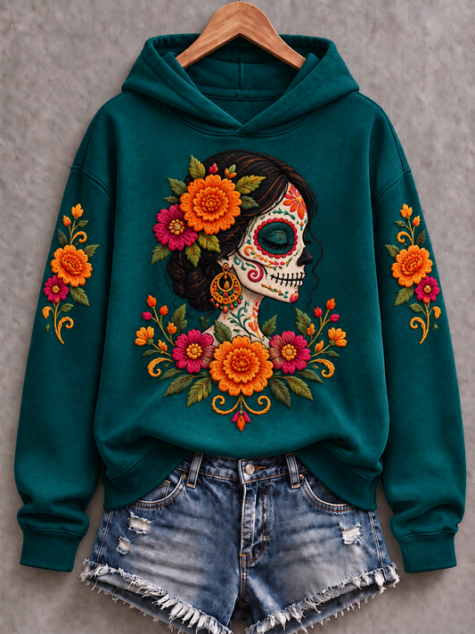 Día de México de las mujeres del arte floral muerto impreso sudadera regular