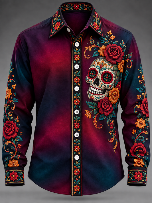 Camisa estampada con diseño floral mexicano del Día de los Muertos para hombre