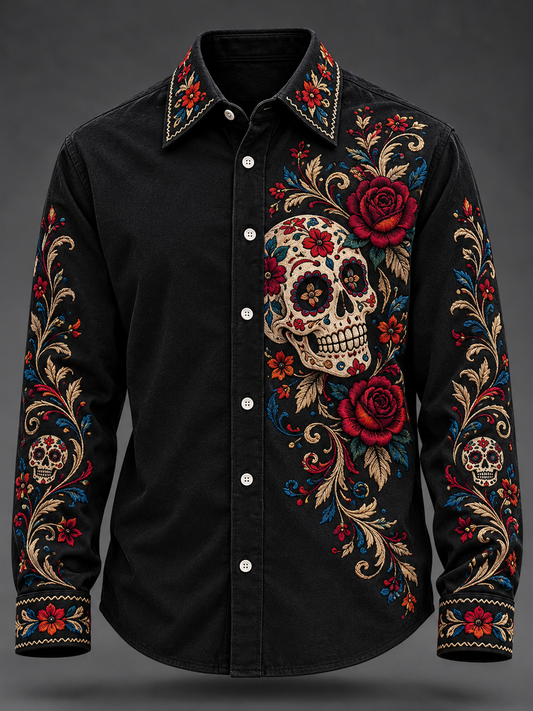 Camisa estampada con diseño floral mexicano del Día de los Muertos para hombre