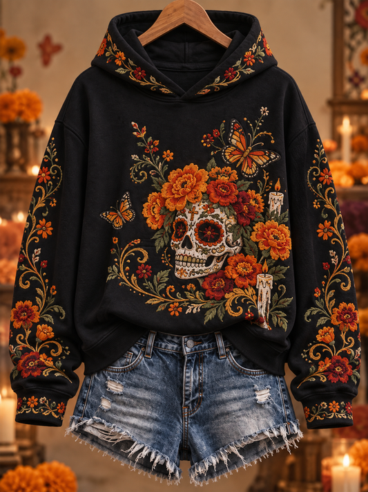 Sudadera regular con estampado floral de Día de Muertos mexicano para mujer